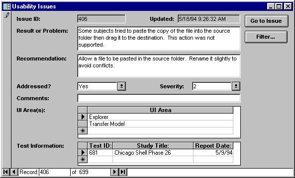 Figure 14: Sample tracking database record.